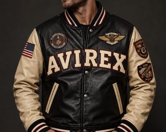 Avirex USA Eagle Flight Crew Leather Bomber Jacket – Retro College Streetwear Patch Coat