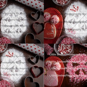 May include: A flat lay of Valentine's Day baking supplies, including red and white heart sprinkles, sugar, cookie cutters, and cookies decorated with pink frosting and the words "Be Mine" and "Love".