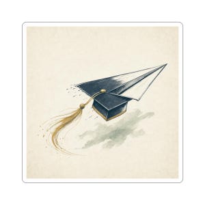 May include: A sticker showing a graduation cap reimagined as a paper aeroplane. The cap is navy blue with a gold tassel and trim, and the paper aeroplane wings are white. The background is a textured, off-white colour with watercolour-style clouds.