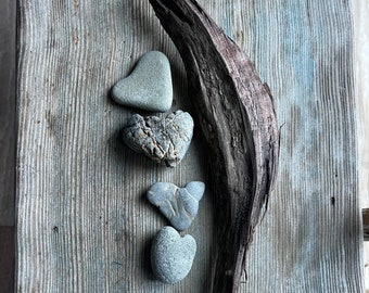 Four Beach stone hearts driftwood , heart decor, love stones , beach house decor, minimalist display ,