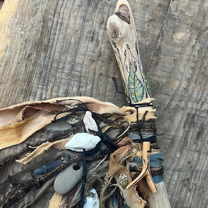 Forester  driftwood talking stick, spiritual tool,fabric wrapped talking stick,  driftwood wand, braided  dyed yarn,  ritual wand