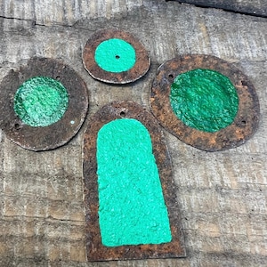 Two sided Painted rusty green metal pieces, painted on both sides assemblage art supply, rusted metal art materials,  recycled art supply
