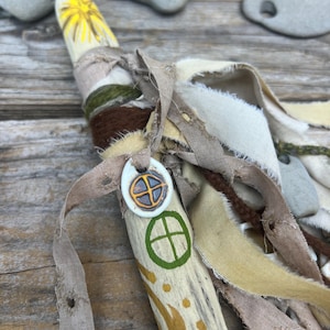 Sun spiral four direction Driftwood talking stick, fabric wrapped talking stick,  spiritual tool, braided natural dyed yarn ritual wand