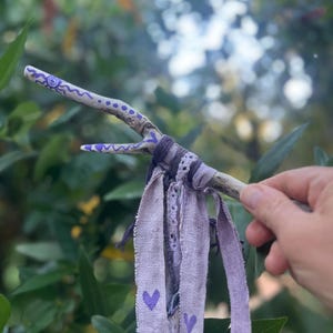 Heart spiral forked Driftwood talking stick, fabric wrapped talking stick,  spiritual tool, braided natural dyed yarn ritual wand