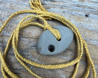 Hag stone,  hag stone  necklace, ocean talisman braid, oxalis dyed silk yarn, delicate fairy stone necklace, adder stone, H4