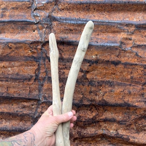 May include: Two pieces of driftwood, one thicker and one thinner, are held in a hand against a rusty metal background.