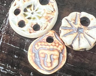 Three art  porcelain pendant beads,  two disc  beads,  Buddha  charm pendant   ,art beads, white stoneware beads, B13