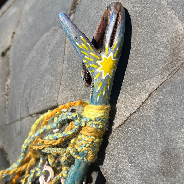 Forked Ocean talking stick / ocean wand,   sun wand , braided natural dyed yarn wrapped driftwood