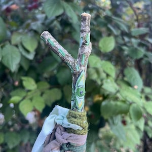 Forked painted third eye oak talking stick, meditation tool, ritual wand, shaman stick , sacred wood wand, hag stone,