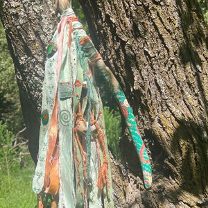 ceremony tool,  forked driftwood talking stick, spiritual growth  tool ,fabric wrapped talking stick, insect art ,forest wand, braided yarn
