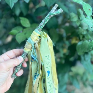 Forked painted  oak talking stick, meditation tool, ritual wand, shaman stick , sacred wood wand, hag stone, sea shells, ceramic beads