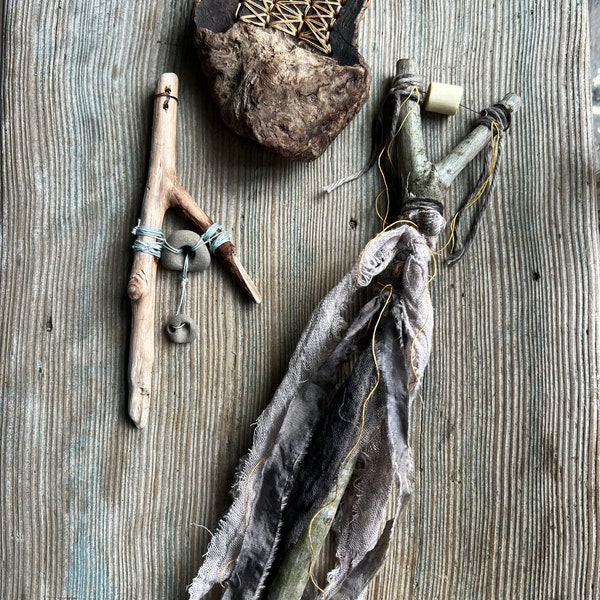Treasure set.Hag stone driftwood wall hanging, forked driftwood jag stone talisman nature art minimalist decor beach house