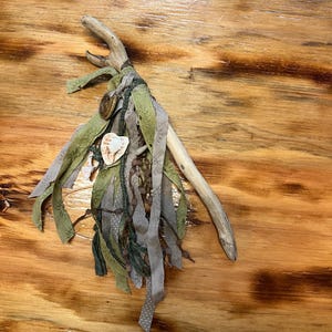 Forester  forked driftwood talking stick, spiritual tool,fabric wrapped talking stick,  driftwood wand, braided  dyed yarn,  ritual wand