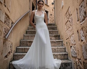 Vestido de Noiva de Cetim com Cintura Baixa – Decote Quadrado, Modelo Minimalista em Linha A | Elegante e Luxuosa Alta Costura para Noivas