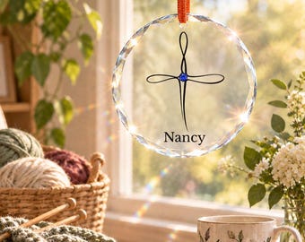 Minimalist Cross Memorial Suncatcher Birthstone Crystal Glass Christian Sympathy Gift Personalized Name Faith Keepsake Heaven Window Decor
