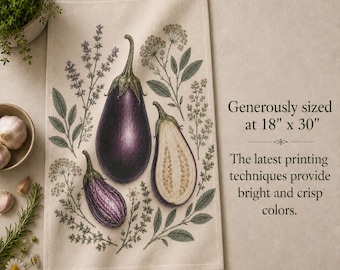Garden Lover Hostess Gift Cotton Twill Kitchen Towel Eggplant Tea Towel Aubergine Botanical Heirloom Vegetable Housewarming Matching Set