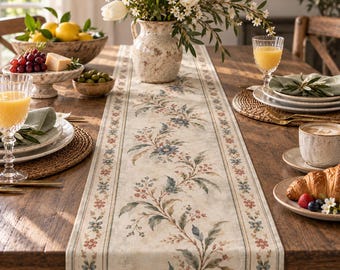 Dusty Blue Floral Table Runner Italian Countryside Fresco Print Spring Neutral Tablescape Decor for Dining Room Hosting Housewarming Gift