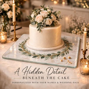 Könnte beinhalten: Ein runder weißer Kuchen mit blassrosa Rosen und Grünzeug steht auf einem quadratischen Servierbrett aus Glas mit einem aufgedruckten grünen Blattkranz. Der Text lautet: A Hidden Detail BENEATH THE CAKE PERSONALIZED WITH YOUR NAMES & WEDDING DATE.