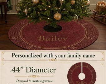 Personalized Christmas Tree Skirt 44 Inch Burgundy and Gold Family Name Tree Skirt Wine Red Gold Plush Fleece Housewarming Gift New Couple