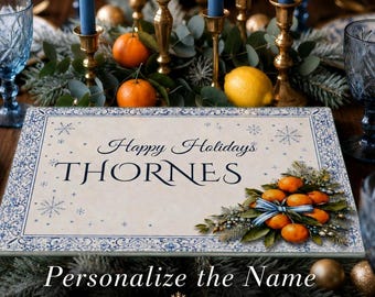 Personalized Christmas Charcuterie Blue White Board Custom Family Name European Style Glass Snowflake Winter Holiday Hostess Gift for Mom