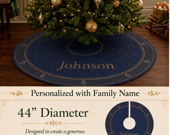 Personalized Christmas Tree Skirt 44 Inch Navy Blue and Gold Family Name Tree Skirt Royal Blue Gold Plush Fleece Housewarming Gift