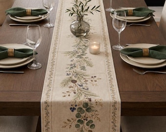 Neutral Fall Botanical Table Runner Cream Sage Pinecone Print Dining Decor Housewarming Gift Autumn Thanksgiving Winter Table Decor