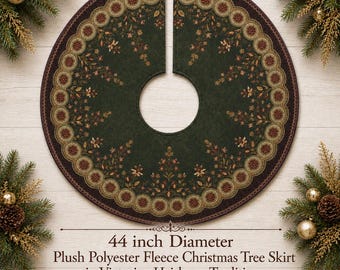 Victorian Deep Green Botanical Christmas Tree Skirt  Printed 44in Plush Polyester Holiday Decor Vintage Style Xmas Tree Base Cover