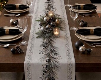 Black Silver Botanical Table Runner Elegant Christmas Decor New Years Eve Winter Centerpiece Housewarming Hostess Gift Dining Table Scarf