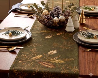 Olive Green Gold Oak Leaf Table Runner Fall Hostess Gift Thanksgiving Friendsgiving Sukkot Table Decor Autumn Dinner Party Housewarming Gift