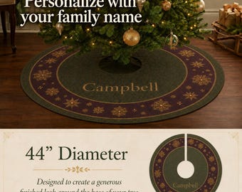Personalized Green and Burgundy Christmas Tree Skirt 44 Inch Family Name Gold Snowflakes and Stars Luxury Fleece Custom Holiday Decor Gift
