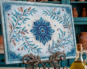 Tabla de cortar de cristal mediterráneo, tabla de cortar de azulejos azules, tabla de charcutería italiana, bandeja de servir para la cocina, decoración de cocina italiana, regalo para anfitriona