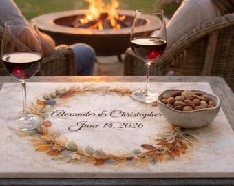 Personalized Fall Wedding Charcuterie Board Custom Name Date Cake Board Glass Serving Tray Autumn  Keepsake Gift for Bride Groom Wine Tray