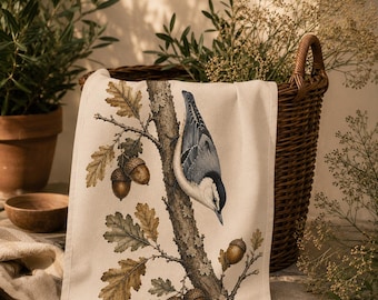 White Breasted Nuthatch Tea Towel Cotton Twill Kitchen Towel Woodland Gift Nature Lover Present Fall Autumn Oak Acorn Birdwatcher New Home