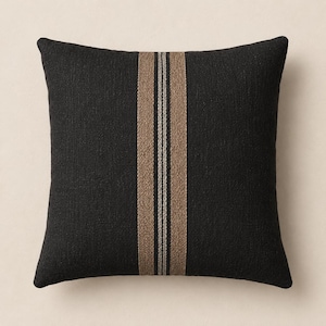 May include: A square throw pillow with a solid black fabric cover. The center features a vertical decorative band composed of wide tan stripes flanking a central section of thin, alternating black, tan, and light gray pinstripes running vertically.