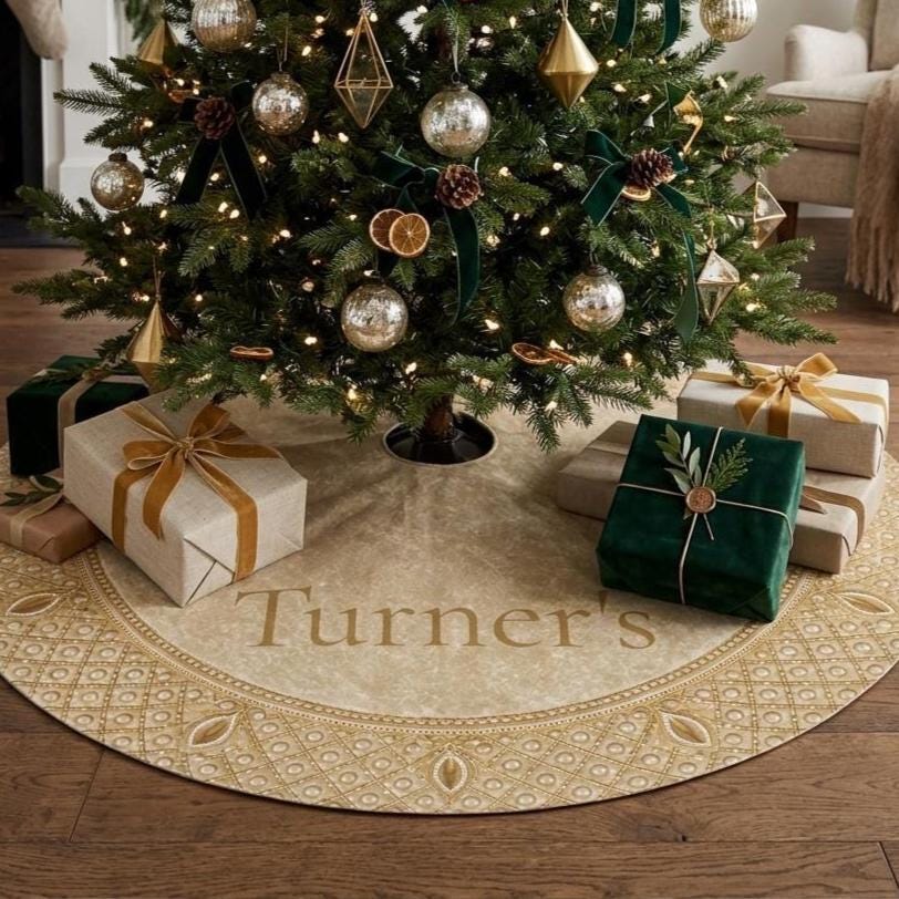 Champagne Gold Christmas Tree Skirt 44 Inch Neutral Quilted Look Elegant Plush Fleece Housewarming Gift New Home Christmas Decor