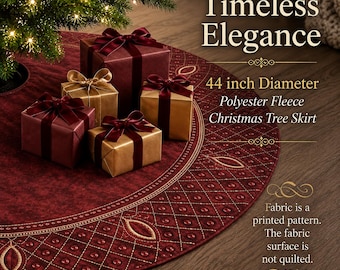 Burgundy Christmas Tree Skirt 44 Inch Wine Red Gold Quilted Look Tree Skirt Elegant Plush Fleece Housewarming Gift New Home Christmas Decor