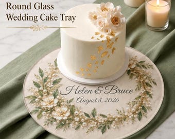 Custom Name Wedding Cake Board Pearls Crystals Personalized Glass Cutting Tray Hidden Date Round Keepsake Couple Gift for Bridal Shower Gift