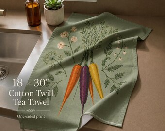 Botanical Kitchen Decor Gardener Gift Cotton Twill Tea Towel Heirloom Carrot Print Hostess Gift Vegetable Garden Home Decor Mom Present