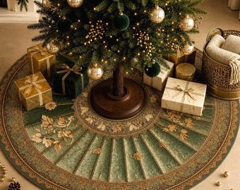 Sage Green and Gold Tree Skirt 44 Inch Antique Gold Jewel Two Toned Printed Polyester Plush Fleece Vintage Christmas Decor Housewarming Gift