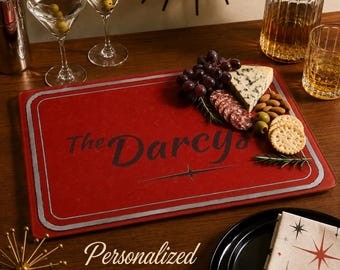 Personalized Atomic Starburst Charcuterie Board Cherry Red Mid Century Modern Glass Serving Tray Custom Name Retro Wine and Cheese Gift