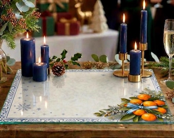 Tabla de embutidos de cristal con estampado navideño azul y blanco, decoración azul, regalo para anfitriona, tabla de cortar de azulejos, decoración italiana de invierno para la cocina.