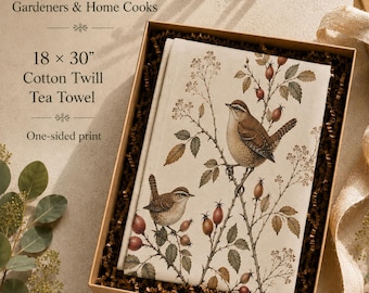 Bird Lover Gift Cotton Twill Kitchen Towel Carolina Wren Tea Towel Rose Hips Nature Hostess Housewarming Birdsong Kitchen Matching Set