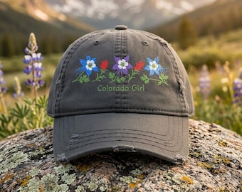 Colorado Embroidered Cap Columbine Indian Paintbrush Wildflower Distressed Neutral Grey Hat Colorado Hiking Group Gift Women's Baseball Cap