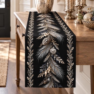 Black and Silver Christmas Table Runner Pewter Pine Branch Botanical Holiday Glam Decor Moody Winter Centerpiece New Years Eve Hostess Gift