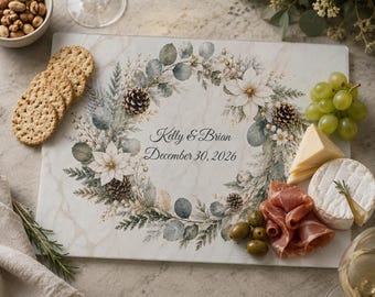 Personalized Charcuterie Board Keepsake Gift for Bride and Groom Winter Wedding Cake  Stand Custom Name Date Glass Wine Cheese Serving Tray