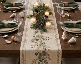 May include: A beige linen table runner featuring a printed botanical pattern of pine branches, eucalyptus leaves, and berries, centered with three glass votive candles and a decorative pine and berry garland on a wooden dining table.