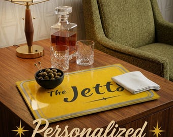 Personalized Glass Serving Tray Retro Formica Style Family Name Sign Mid Century Modern Kitchen Decor Custom Last Name Appetizer Gift Board
