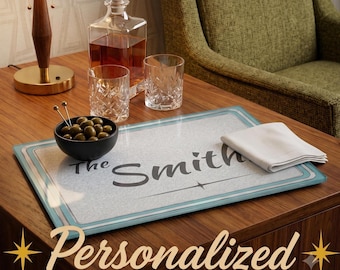 Personalized Glass Serving Tray Custom Name Cutting Board Retro MCM Kitchen Tempered Glass Charcuterie Board Housewarming Gift Atomic Star