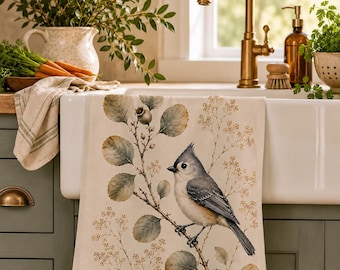 Bird Lover Gift Cotton Twill Kitchen Towel Tufted Titmouse Tea Towel Nature Present Calming Hostess Housewarming Botanical Kitchen Decor