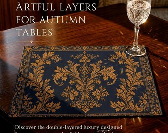 Navy Gold Baroque Damask Hostess Gift Placemat Double Layered Cotton Twill Victorian Floral Scroll Tablemat Decor Housewarming Supper Club